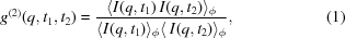 [g^{{(2)}}(q,t_{1},t_{2}) = {{\langle I(q,t_{1})\,I(q,t_{2})\rangle _{{\phi}}} \over {\langle I(q,t_{1})\rangle_{{\phi}}\langle \,I(q,t_{2})\rangle _{{\phi}}}}, \eqno(1)]